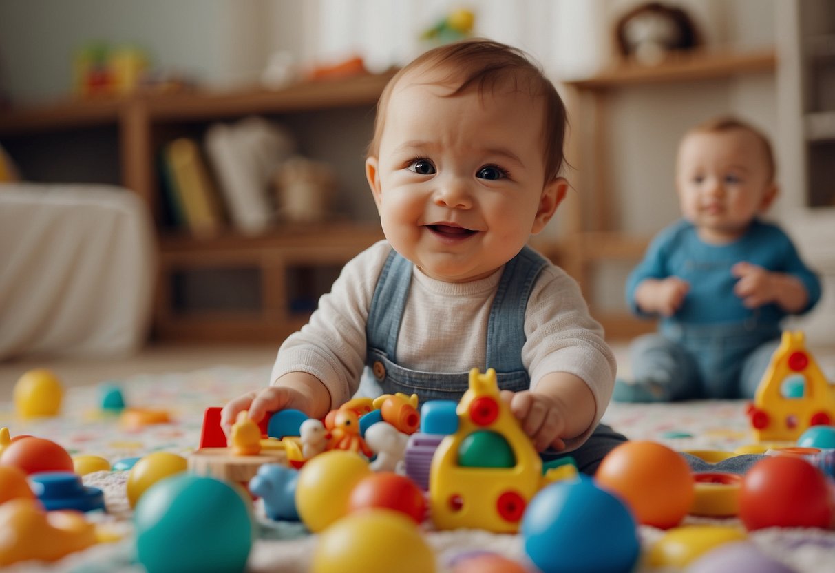 Babies surrounded by colorful toys and books, engaging in interactive play with caregivers. Smiling faces and animated gestures encourage communication and bonding