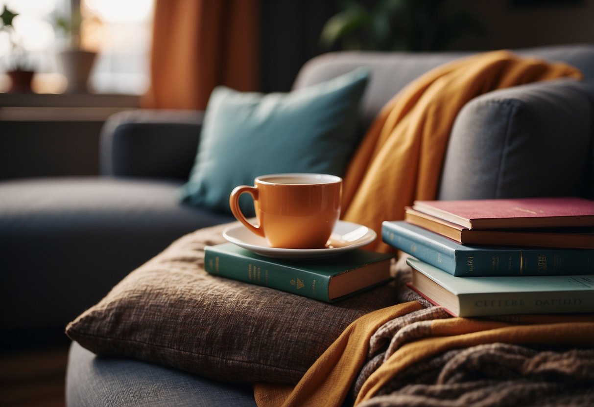 A cozy chair with a stack of colorful books, a soft blanket, and a warm cup of tea. A gentle light illuminates the scene, creating a peaceful and inviting atmosphere for reading aloud