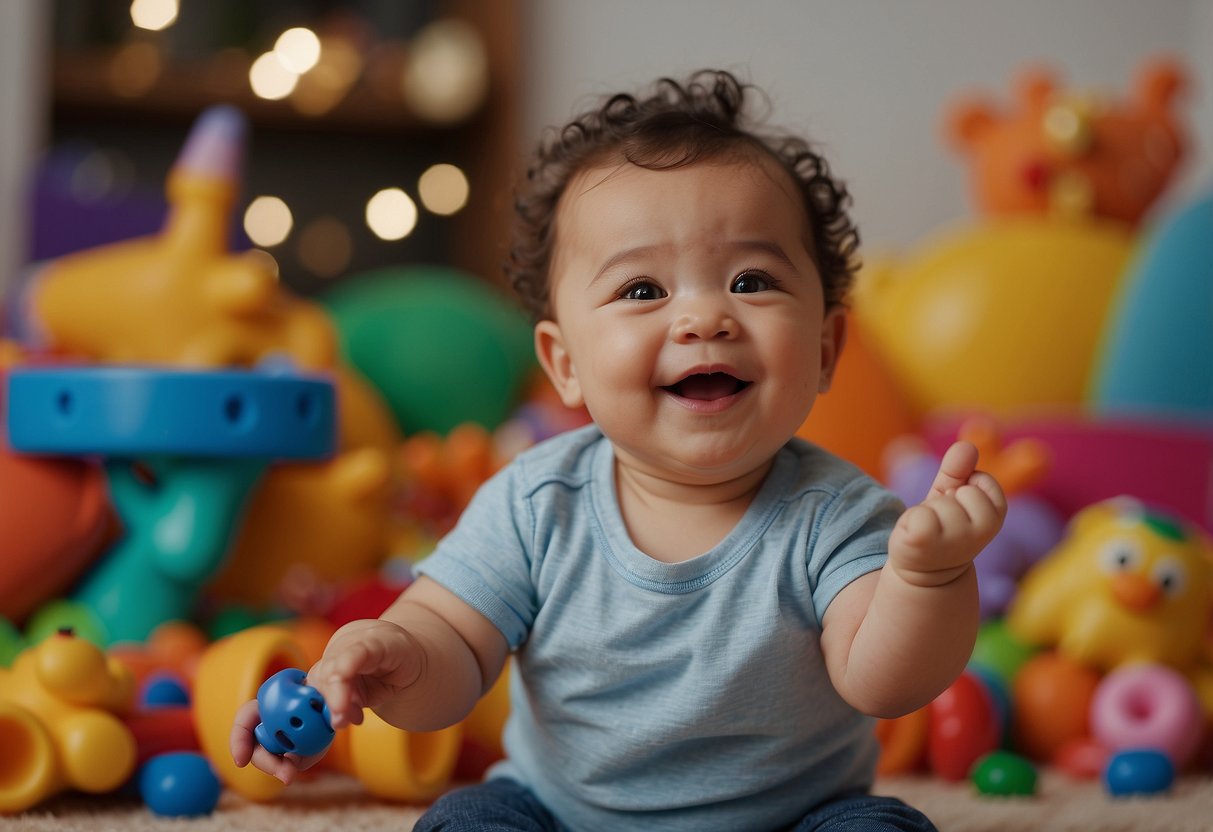 A baby sits surrounded by colorful toys, pointing and gesturing with small hands. A parent smiles and encourages the baby to communicate using baby sign language