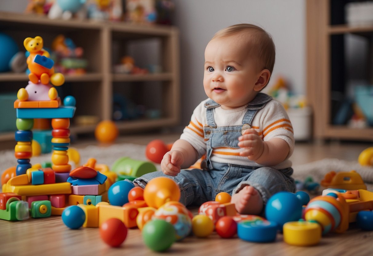 A baby surrounded by colorful toys and books, while a caregiver engages in interactive activities like singing, talking, and playing games to promote early communication