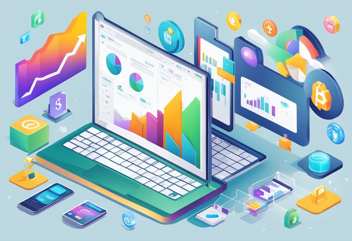 A laptop surrounded by various online business icons and symbols, with a graph showing upward financial growth in the background