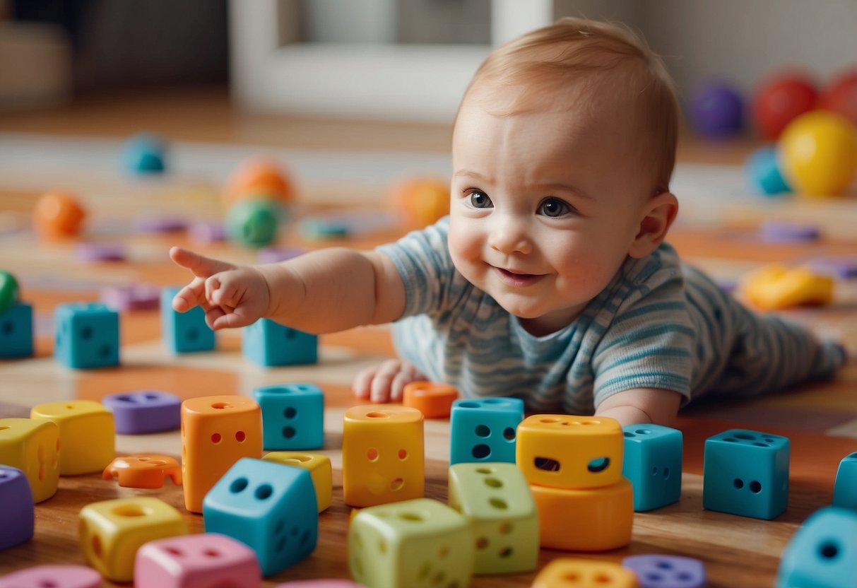 Babies engage with toys, books, and caregivers. Smiling faces, pointing fingers, and colorful objects surround the baby. A variety of interactive games are spread out on the floor