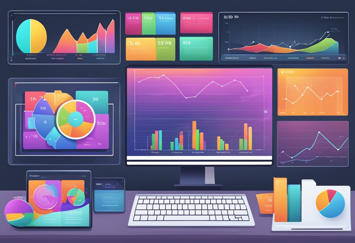 A computer screen displays various market niches with high potential for profit on the internet. Graphs and charts show promising business opportunities