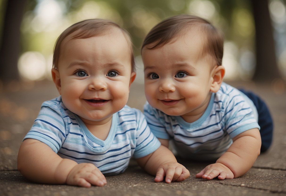 Two babies facing each other, smiling and making eye contact while babbling and gesturing. Other babies nearby observing and smiling