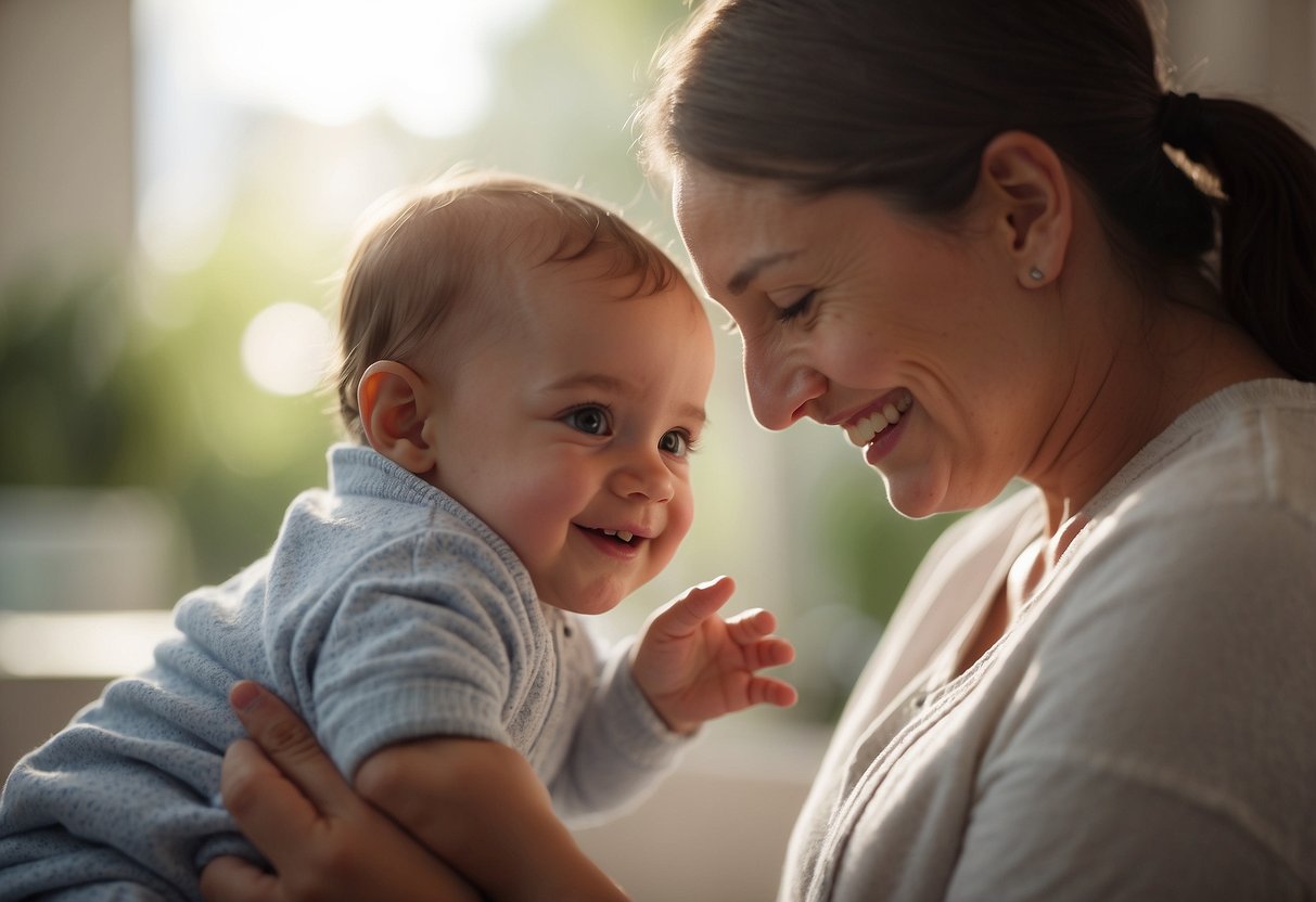 A baby reaching out towards a caregiver, smiling and making eye contact, seeking comfort and reassurance. Other caregivers nearby, engaging and responsive