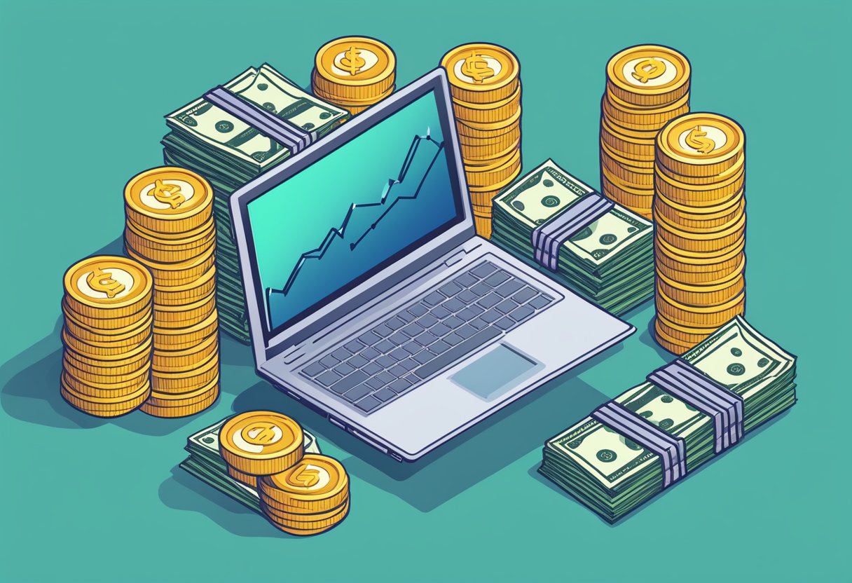 A laptop surrounded by stacks of money and a chart showing increasing profits, symbolizing maximizing profitability in online businesses