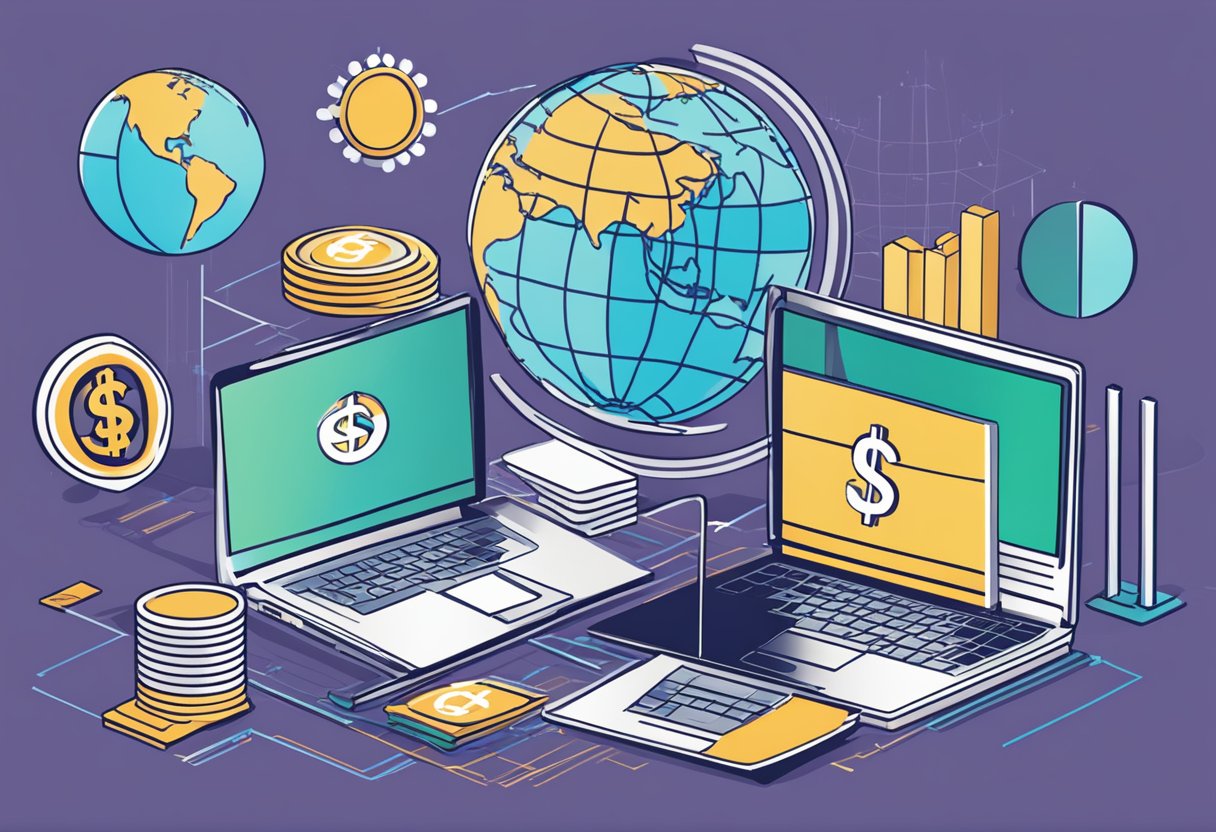 A laptop surrounded by dollar signs, a graph showing increasing profits, and a globe symbolizing global reach