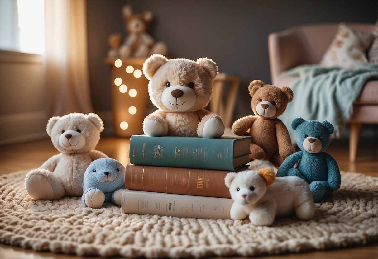 An infant's toys and books scattered on a cozy rug, with soft lighting and calming colors, creating a warm and nurturing environment