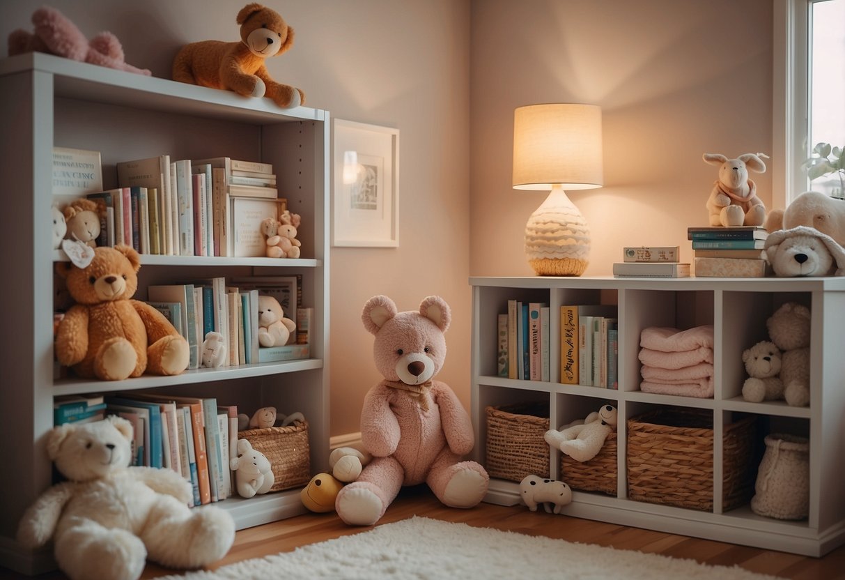 A cozy nursery with soft, pastel colors and plush toys scattered around. A bookshelf filled with children's books, with one open to a page titled "7 Tips for Building Emotional Connections with Your Infant."