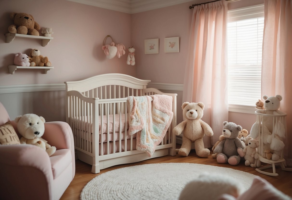 A cozy nursery with soft, pastel colors. A rocking chair sits in the corner, surrounded by stuffed animals. A gentle melody plays from a mobile above the crib, creating a soothing atmosphere