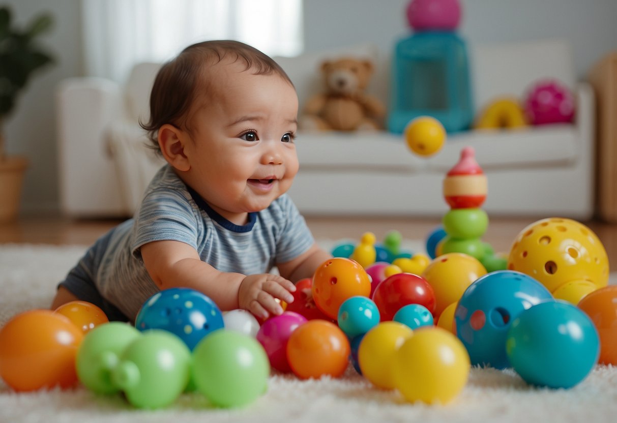 Babies engaging in play with colorful toys, smiling and making eye contact. A caregiver nearby, talking and singing to the baby. Other babies nearby, reaching for and sharing toys