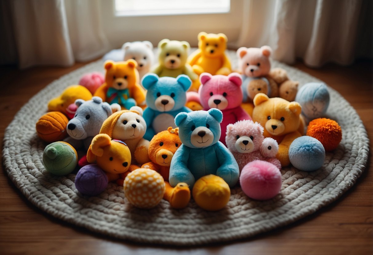 A group of colorful toys arranged in a circle on a soft, plush rug. Bright, natural light streams in from a nearby window, casting a warm glow on the scene