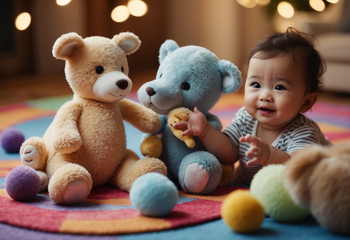 Soft toys arranged in a circle on a colorful mat. A baby reaches out to touch them, while another baby smiles and grabs a toy. In the background, a caregiver watches and encourages the interaction