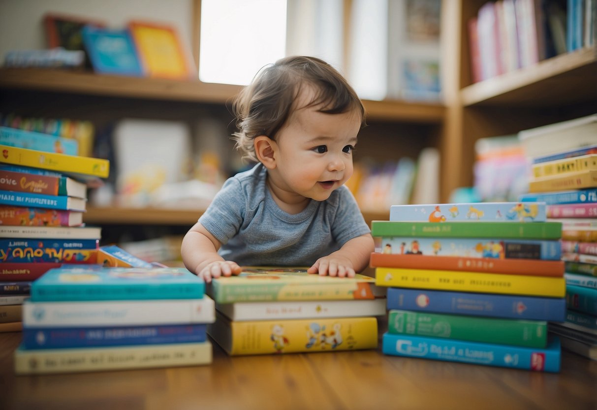 A baby surrounded by colorful picture books, reaching out to touch and explore them, while a caregiver sits nearby, engaging in conversation and pointing out different images in the books