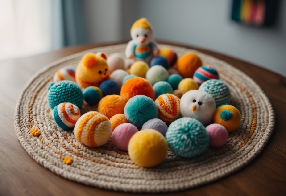 A group of colorful toys arranged in a circle on a soft, plush mat. A baby mobile hangs above, with various shapes and textures to engage the infant's senses