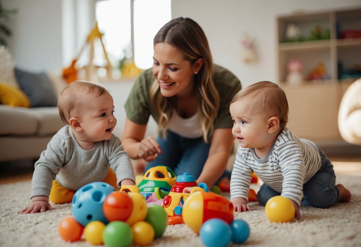 Babies playing with colorful toys in a bright, open space. Caregiver nearby, engaging and talking to the baby. Other parents and babies in the background, creating a lively and social atmosphere