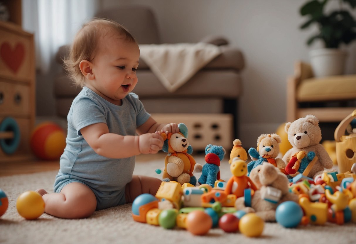 A baby surrounded by various toys, engaging in play activities that promote emotional development. A caregiver interacts with the baby, showing love and affection