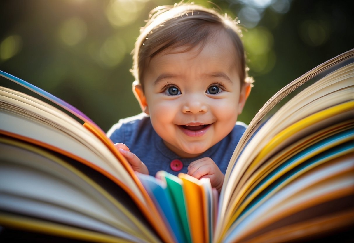 Colorful picture books spread open, displaying diverse emotions. A baby reaches out to touch the pages, engaging with the vibrant illustrations