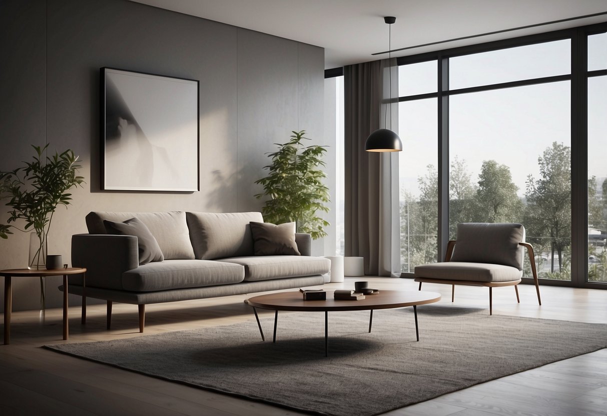 Ein minimalistisches Interieur mit funktionalem Design und klaren Linien. Sparsame Möbel und schlichtes Dekor schaffen einen eleganten und aufgeräumten Raum