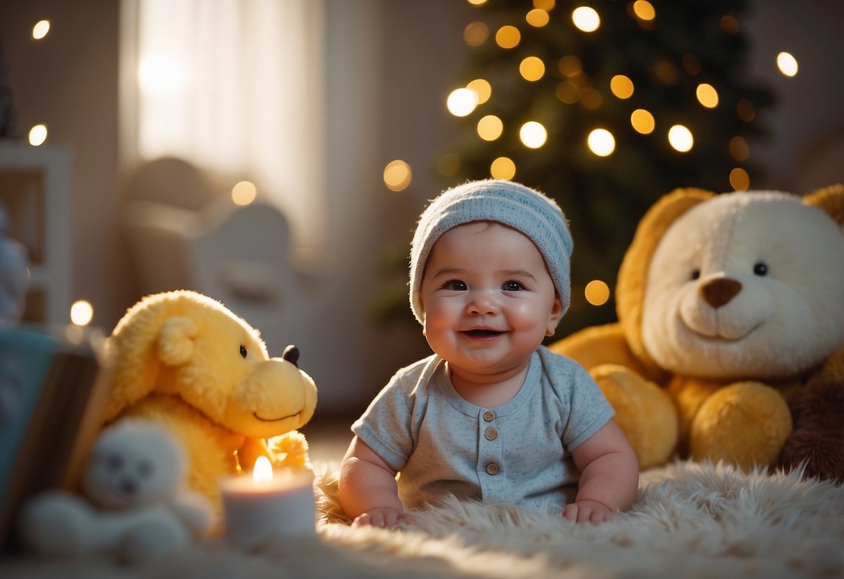 A baby's face lights up with a smile as a caregiver responds to their emotional cues. Toys and books are scattered around, creating a nurturing environment for the baby to explore and learn