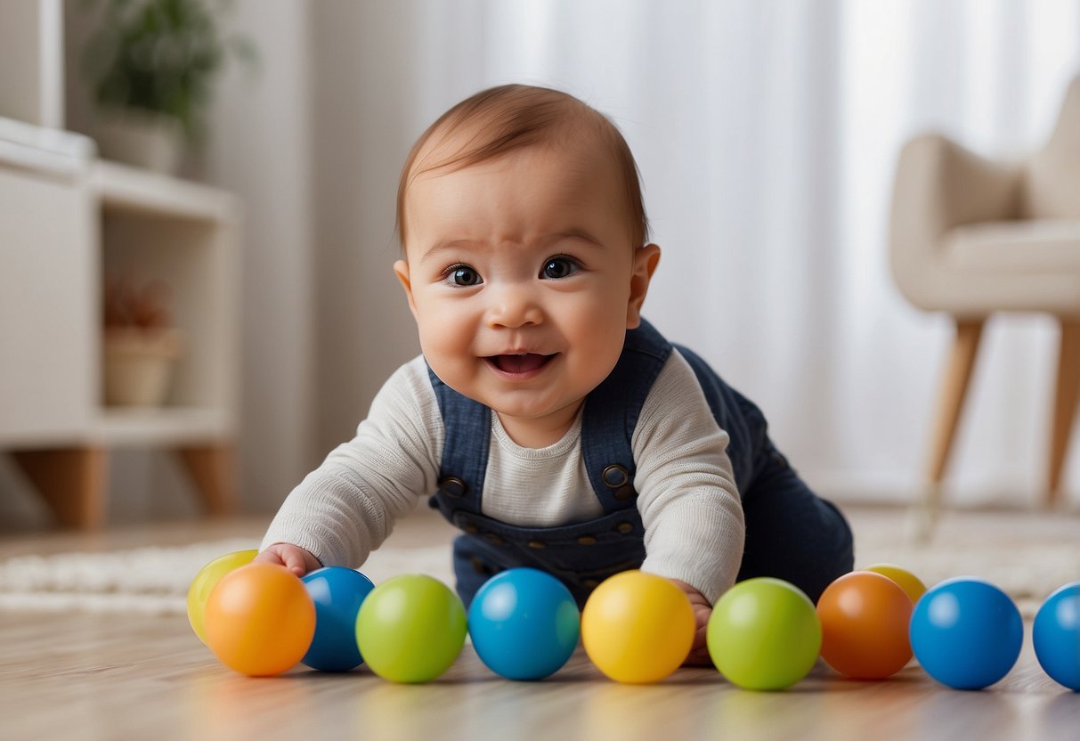 A baby reaching for a toy, smiling, babbling, sitting up, crawling, standing, taking first steps, waving, clapping, and pointing