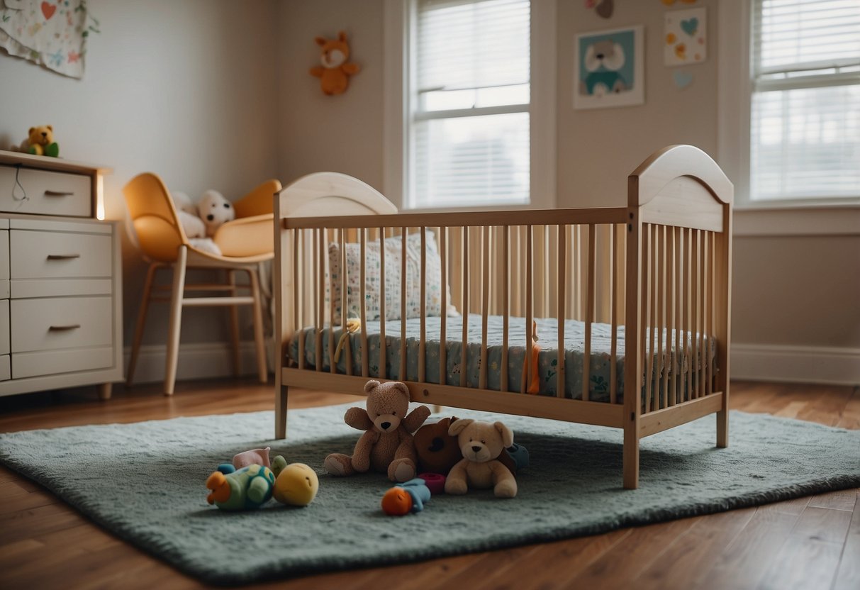 A baby's crib sits empty, with toys scattered on the floor and a tear-stained blanket. The room is quiet, but the sense of unease and longing is palpable in the air