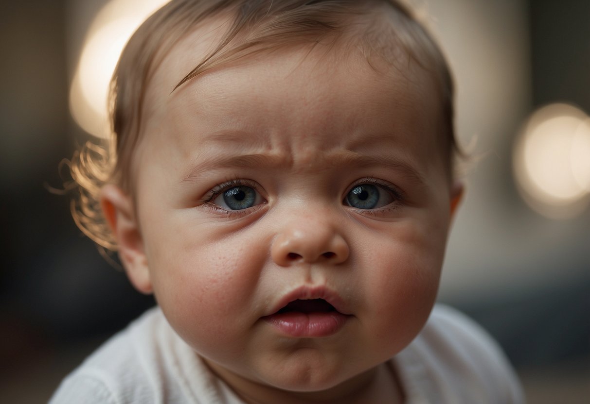 A baby's face scrunches up, eyebrows furrowed, and mouth downturned. The baby's body language communicates frustration and discomfort, possibly accompanied by crying or whining