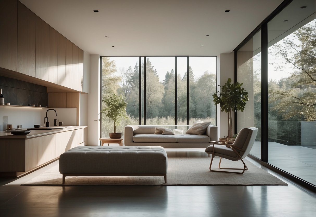 Ein minimalistisches Interieur mit nachhaltigen Designelementen. Klare Linien, natürliche Materialien und eine neutrale Farbpalette schaffen einen ruhigen und aufgeräumten Raum