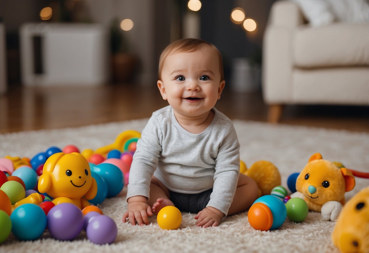 A baby sitting on the floor surrounded by colorful toys, making eye contact and smiling at a caregiver. The caregiver is mirroring the baby's facial expressions, showing empathy and encouragement