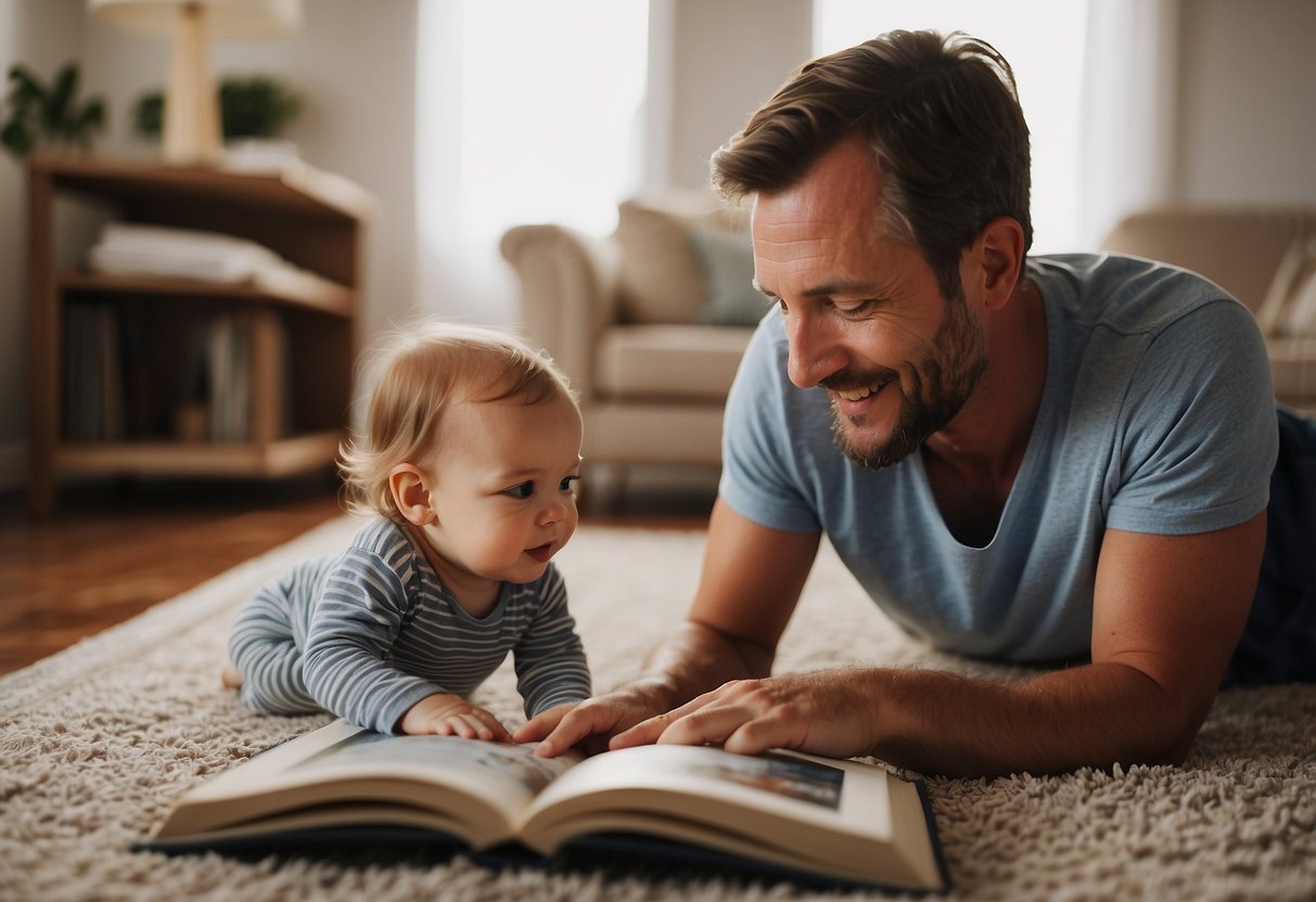 A parent and infant making eye contact during tummy time, reading a book together, and engaging in skin-to-skin contact