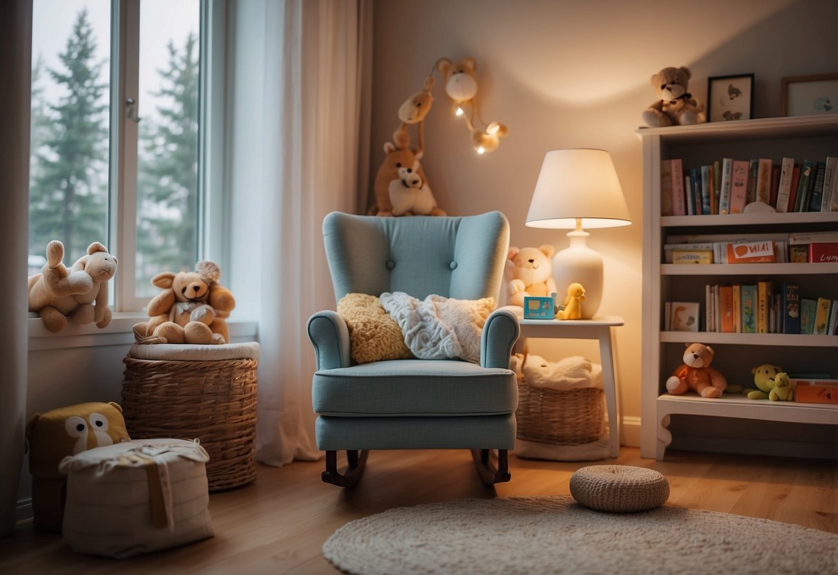 A cozy nursery with a soft rocking chair and a pile of colorful children's books. A gentle light filters in through the window, creating a warm and inviting atmosphere for reading aloud