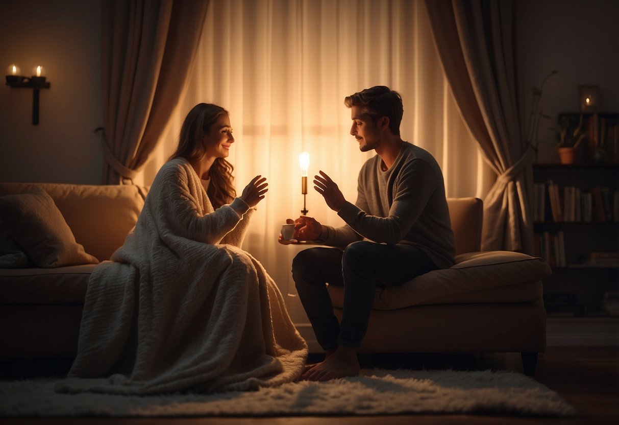 Two figures sit close, softly singing. A cozy blanket drapes over them, creating a warm and intimate atmosphere. The setting is peaceful and serene, with a soft glow from a nearby lamp