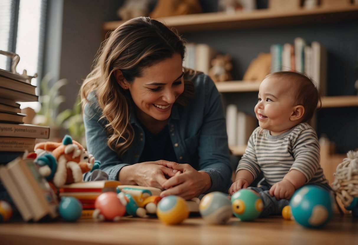 A parent and infant engage in eye contact, smiling and cooing. They are surrounded by toys and books, creating a warm and nurturing environment for bonding