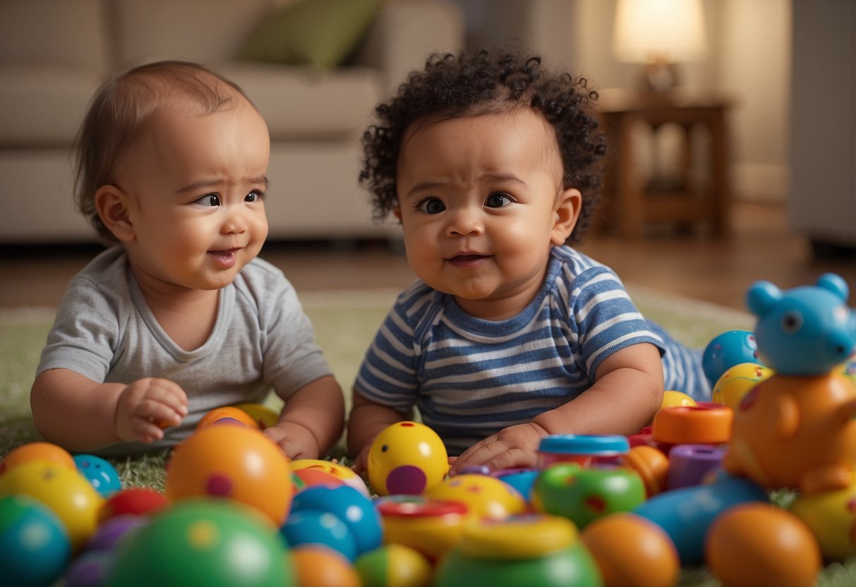 Infants surrounded by toys, making eye contact with caregiver, but not babbling. Caregiver engages in interactive play to encourage vocalization