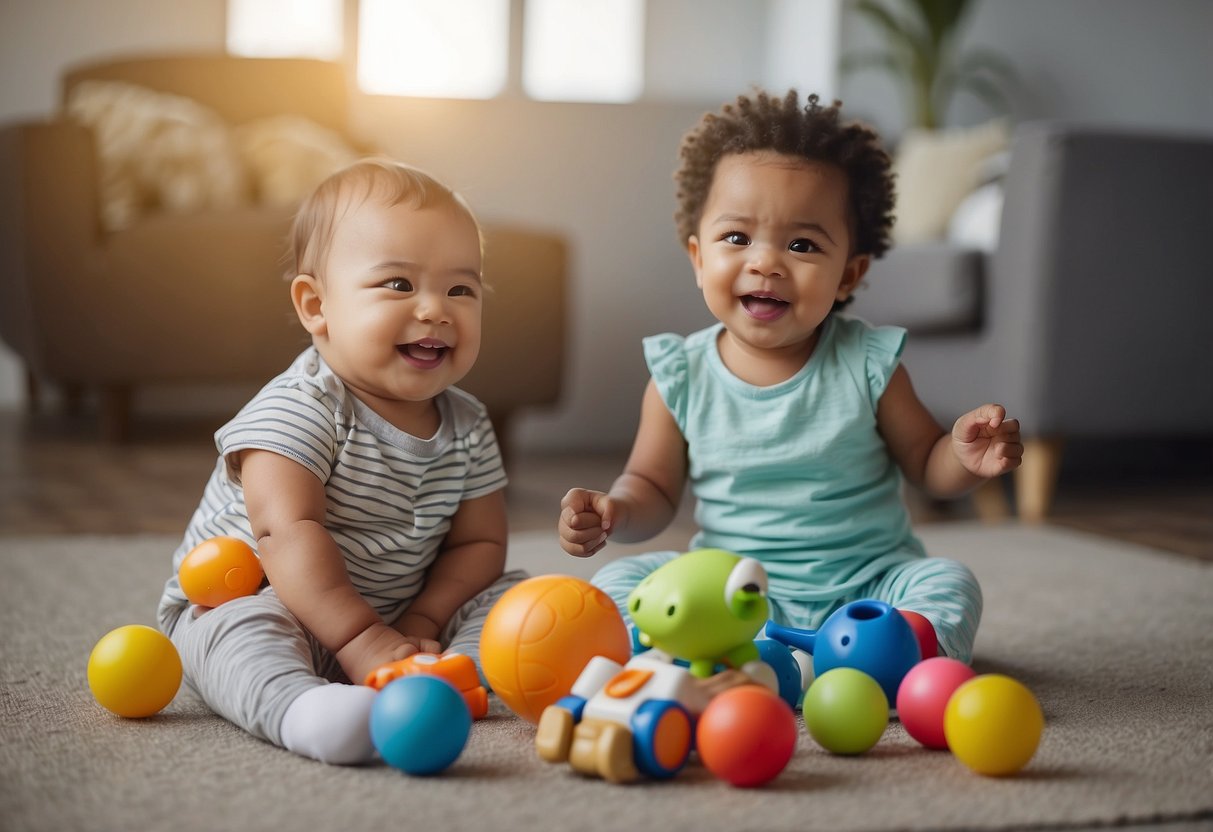 Infants engaging in social activities, such as playing with toys or interacting with caregivers. Eye contact, smiling, and turn-taking are demonstrated to address common social delays