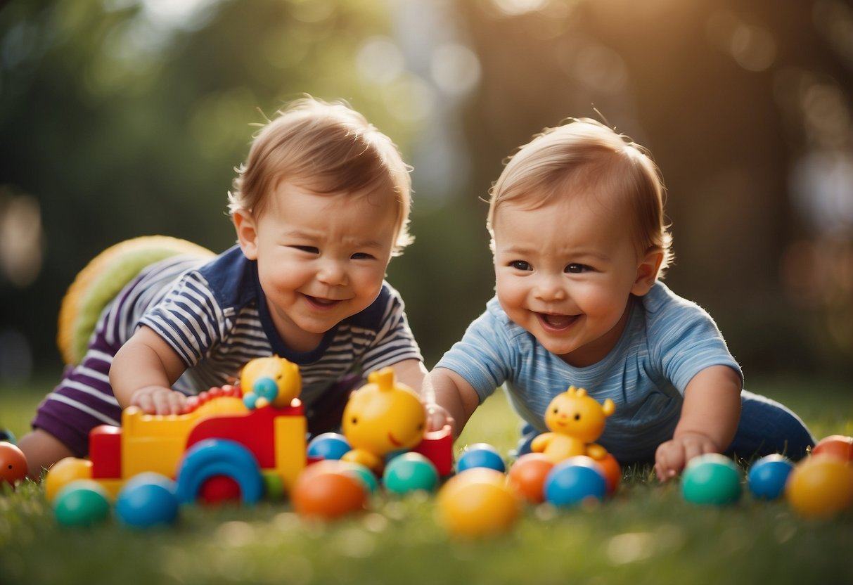 Babies playing with toys and sharing with each other. Smiling and laughing while engaging in positive social interactions