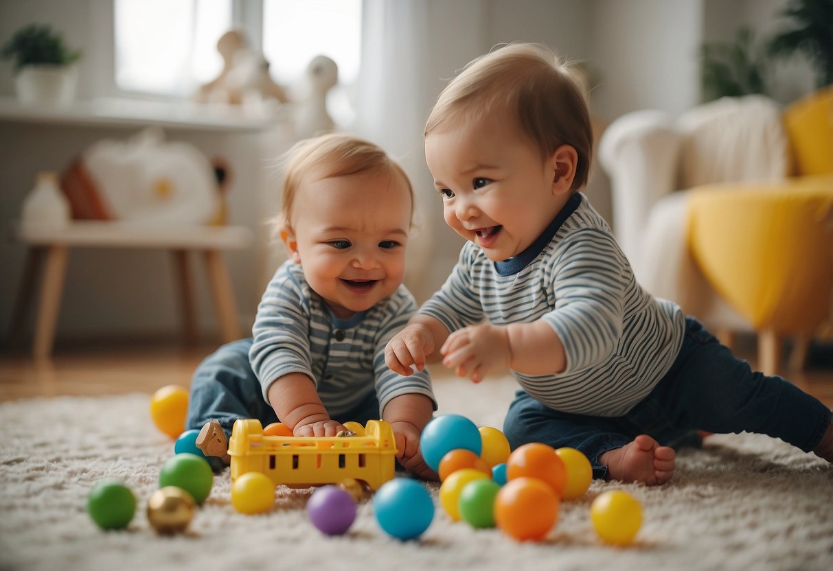 Babies interacting happily during a playdate, smiling and sharing toys. Parents observing and encouraging positive social behaviors