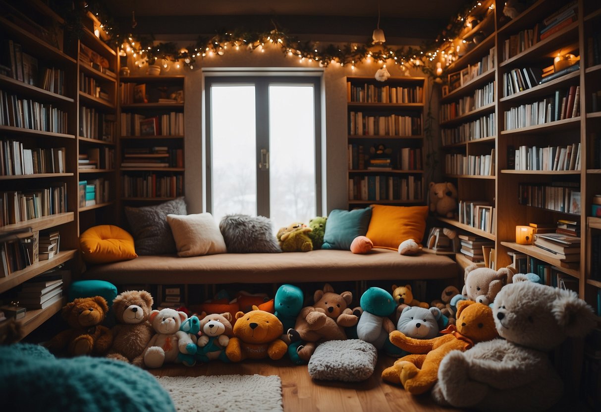 A cozy reading nook with a variety of books featuring diverse characters, surrounded by colorful toys and soft blankets