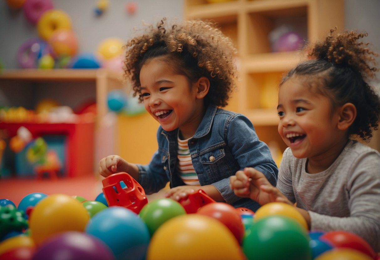 Children happily sharing toys in a colorful playroom. Smiles and laughter fill the air as they take turns and play together