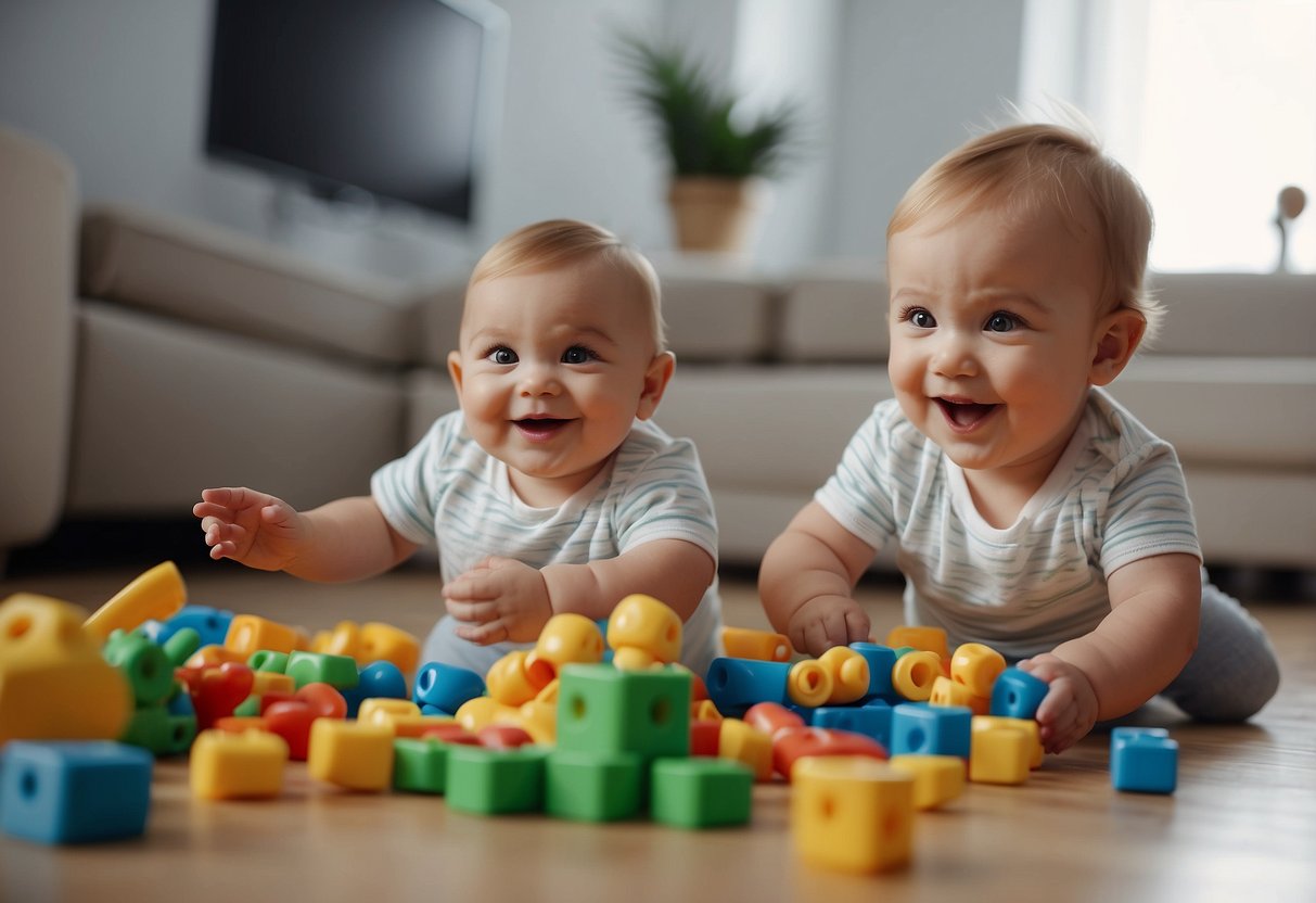 Babies taking turns playing games, smiling and laughing. Toys scattered around the room. Caregiver watching and encouraging positive social behaviors