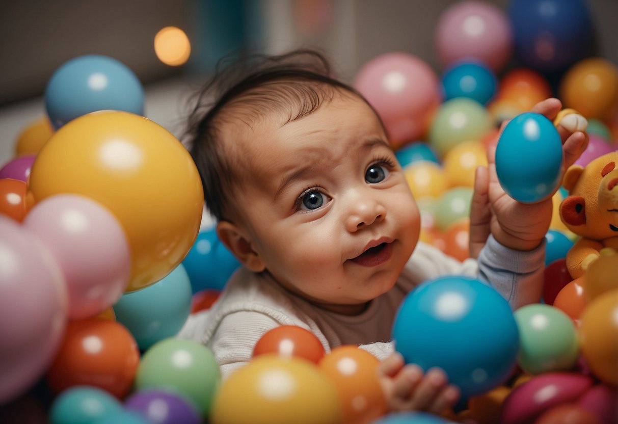 A baby surrounded by colorful toys, smiling and making eye contact with caregivers. Another baby reaching out to touch and interact with the first baby