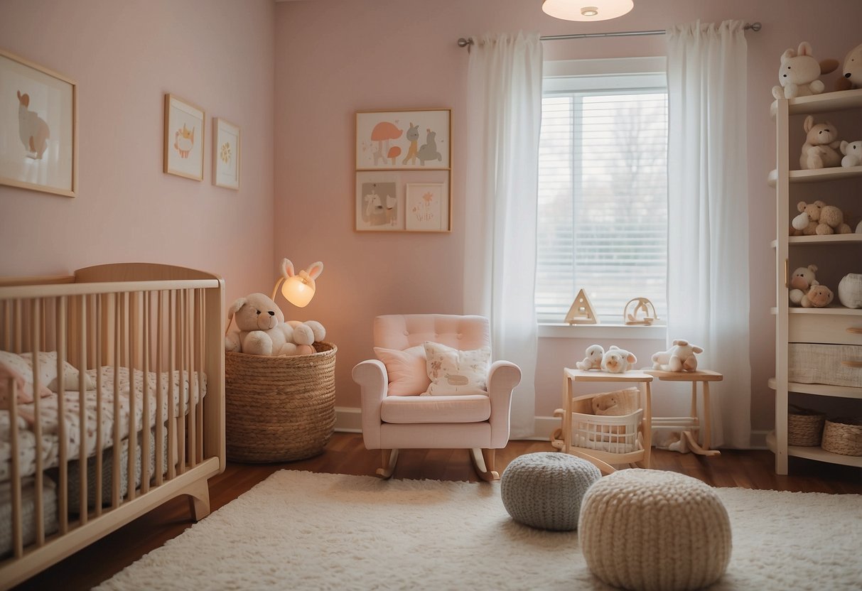 A cozy nursery with soft, pastel colors and gentle lighting. Toys and books are arranged neatly, and a rocking chair sits in the corner. A mobile hangs above the crib, swaying gently in the breeze