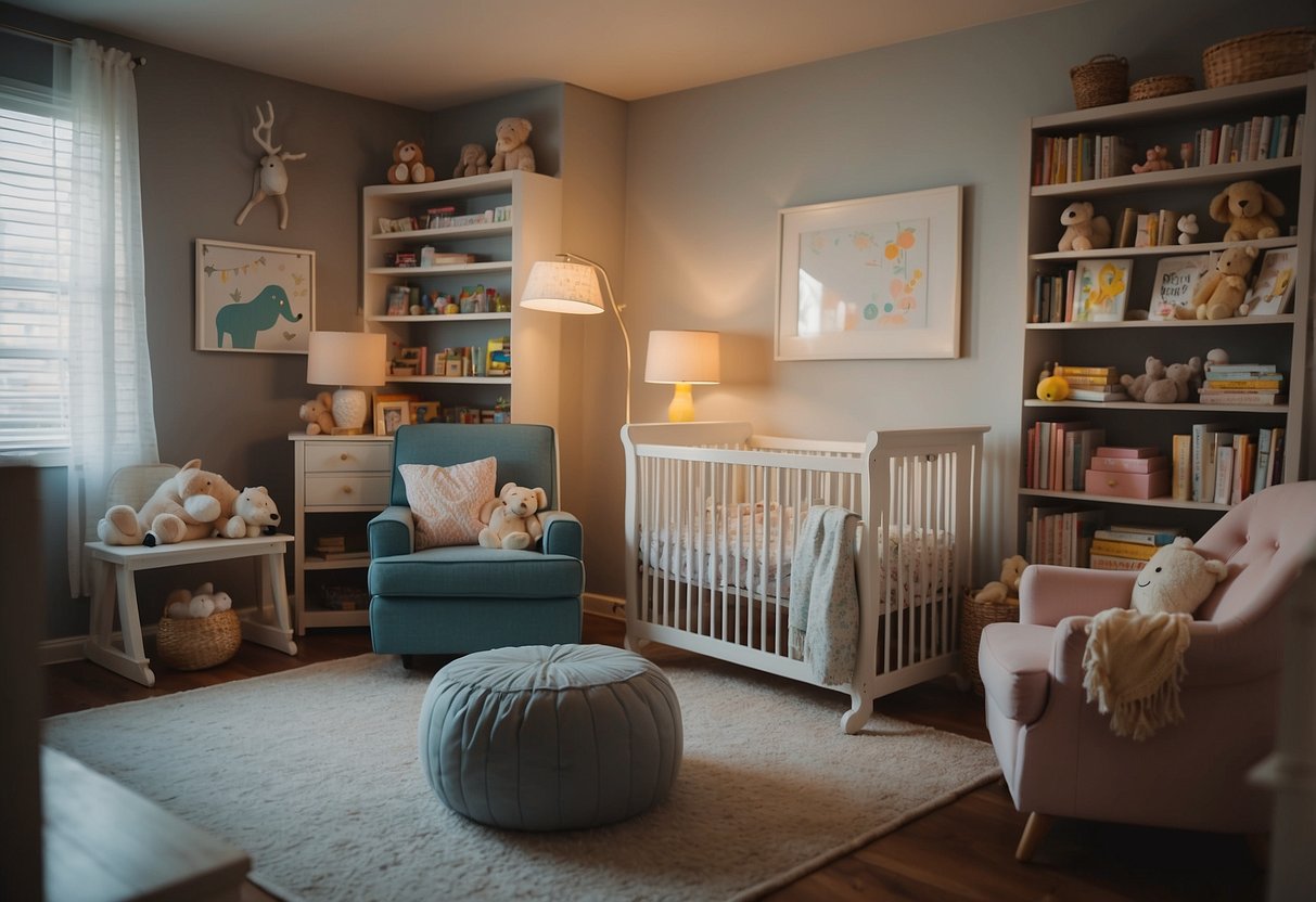 A cozy nursery with soft lighting, shelves filled with colorful books, and a comfortable rocking chair. A baby's crib is nearby, with a mobile gently spinning above