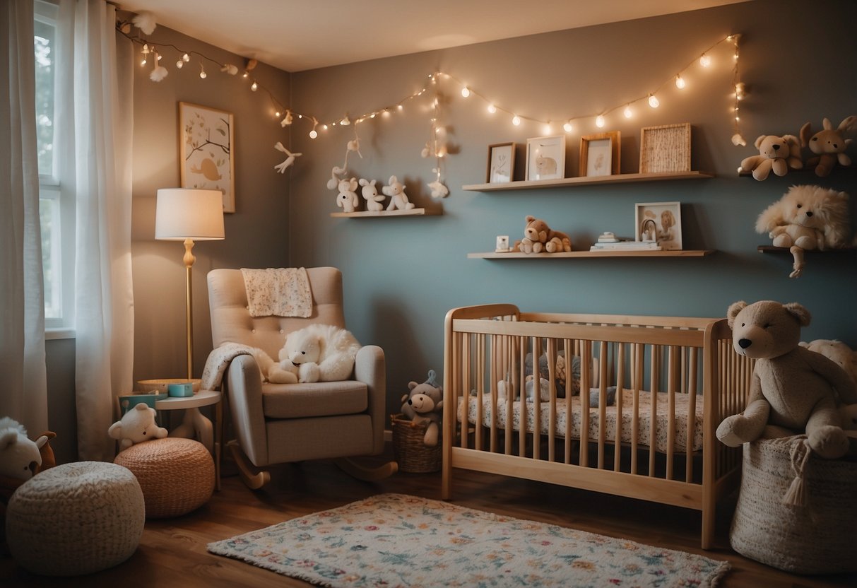 A cozy nursery with soft lighting, a rocking chair, and a shelf of colorful books. A mobile of gentle animals hangs above a crib, and a plush rug covers the floor