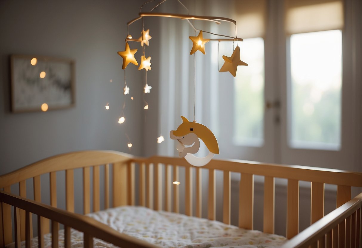 A baby mobile gently sways above a crib, casting soft shadows on the walls. Soft music plays in the background, creating a soothing atmosphere for the baby's emotional growth