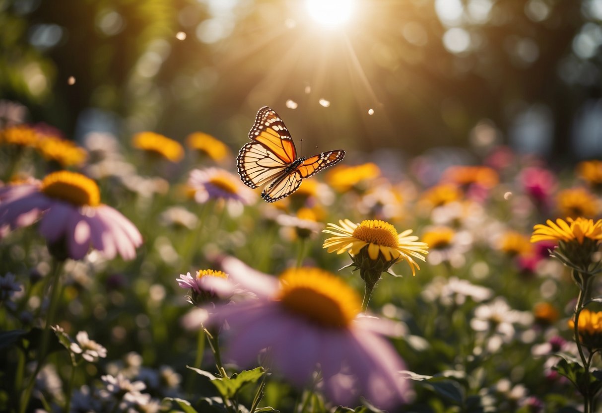 A smiling sun shining down on a colorful garden of blooming flowers, with butterflies fluttering around and birds chirping happily in the background