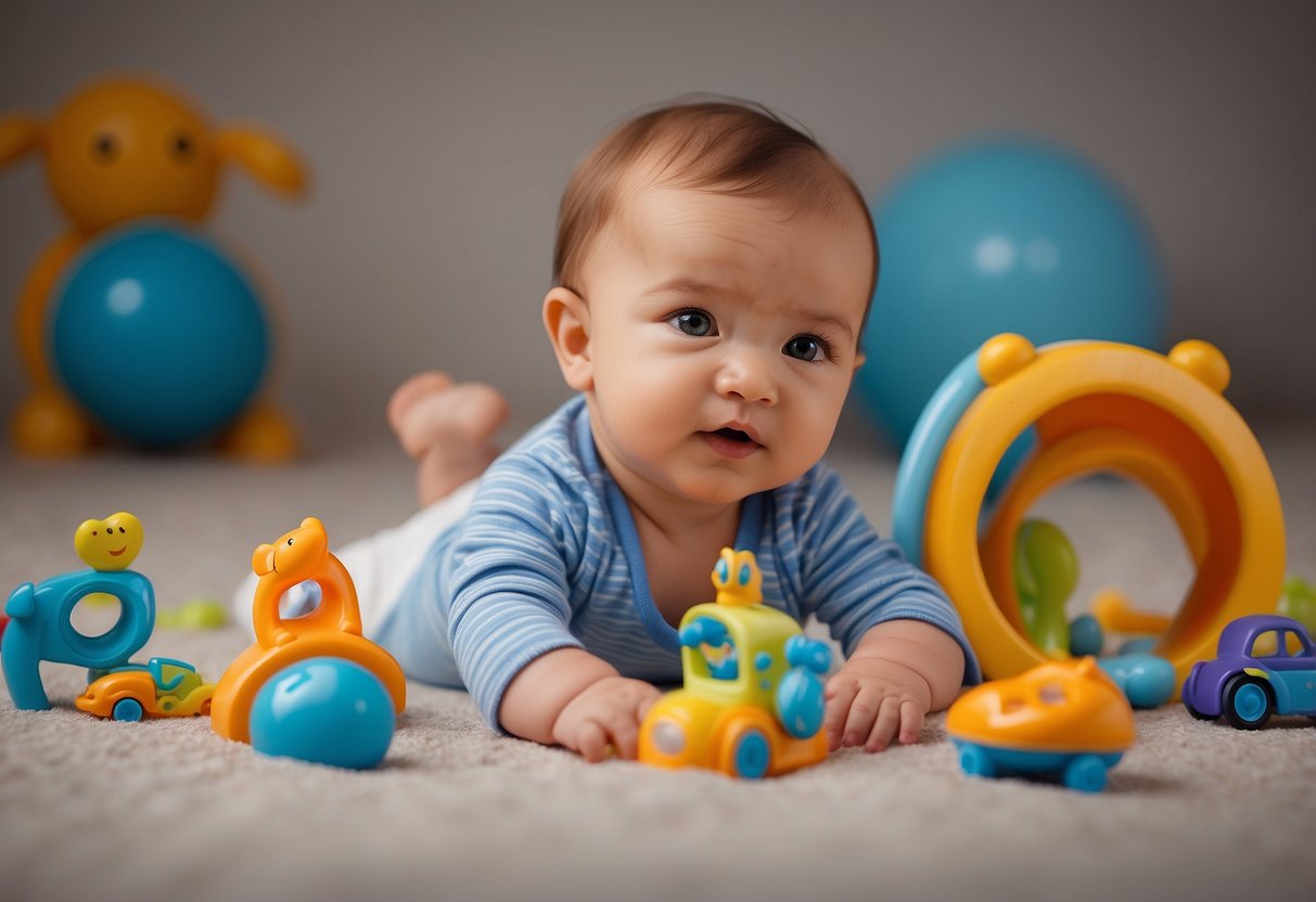 Babies surrounded by various stimulating objects, making eye contact with caregivers in different settings and positions