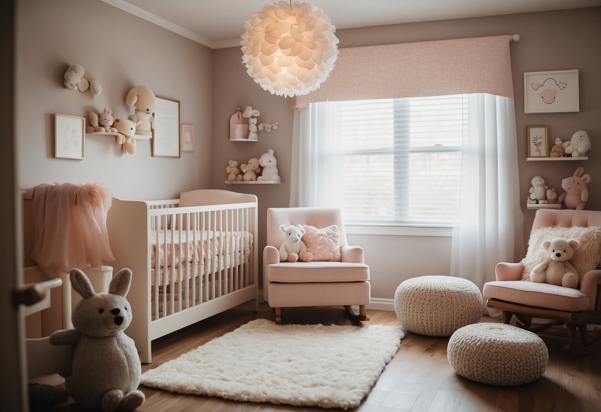 A cozy nursery with soft, pastel colors. A mobile of gentle animals hangs above a crib. A rocking chair and a plush rug create a warm, inviting space for bonding and comfort