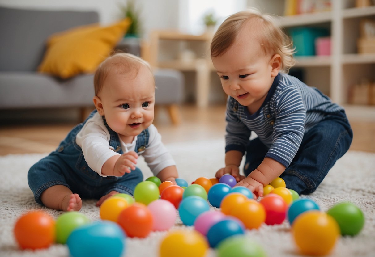 Babies playing with colorful toys in a bright, open space. A caregiver interacts and encourages social interaction between babies. Soft, soothing music plays in the background