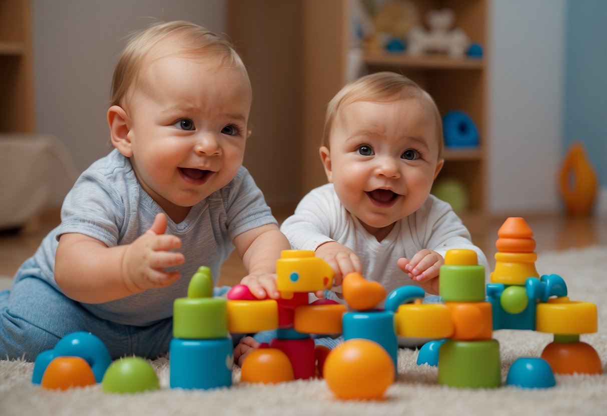 Babies playing with toys, taking turns and sharing. Smiling and making eye contact. Engaging in simple games like peek-a-boo and patty-cake